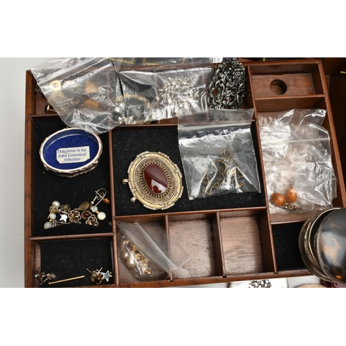 250 - A BOX OF ASSORTED ITEMS, to include two Victorian wooden hinged jewellery boxes, a bevelled glass tr... 