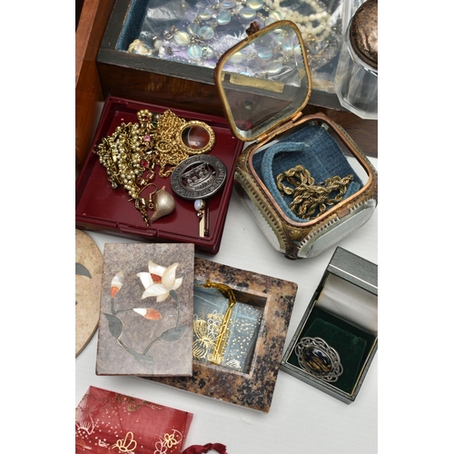 250 - A BOX OF ASSORTED ITEMS, to include two Victorian wooden hinged jewellery boxes, a bevelled glass tr... 