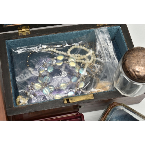 250 - A BOX OF ASSORTED ITEMS, to include two Victorian wooden hinged jewellery boxes, a bevelled glass tr... 