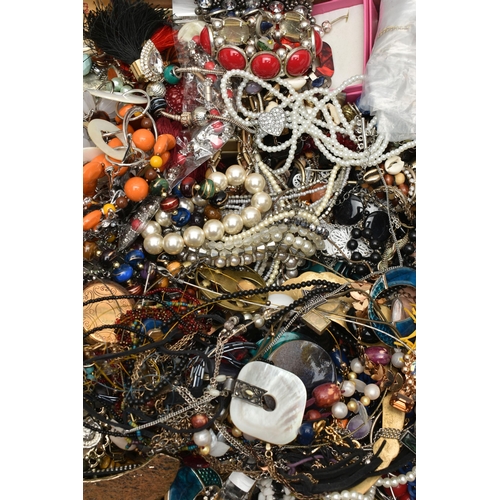 254 - A LARGE ASSORTMENT OF COSTUME JEWELLERY, to include bangles, bracelets, necklaces, brooches, earring... 