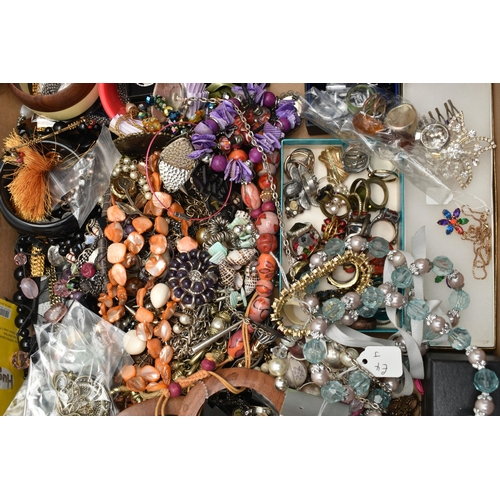 256 - A BOX OF ASSORTED COSTUME JEWELLERY, to include bangles, cufflinks, rings, beaded necklaces, bracele... 