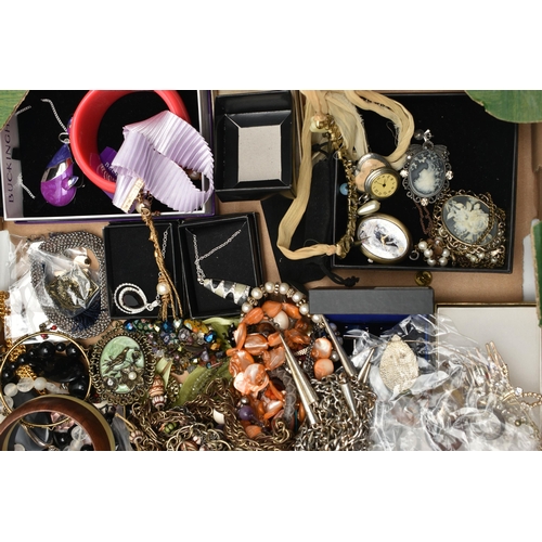 256 - A BOX OF ASSORTED COSTUME JEWELLERY, to include bangles, cufflinks, rings, beaded necklaces, bracele... 