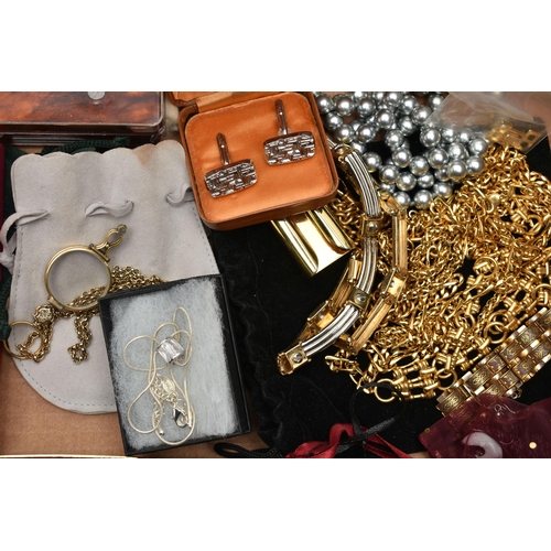 259 - A BOX OF ASSORTED COSTUME JEWELLERY, to include fashion wristwatches, pendant necklaces, chains, ear... 