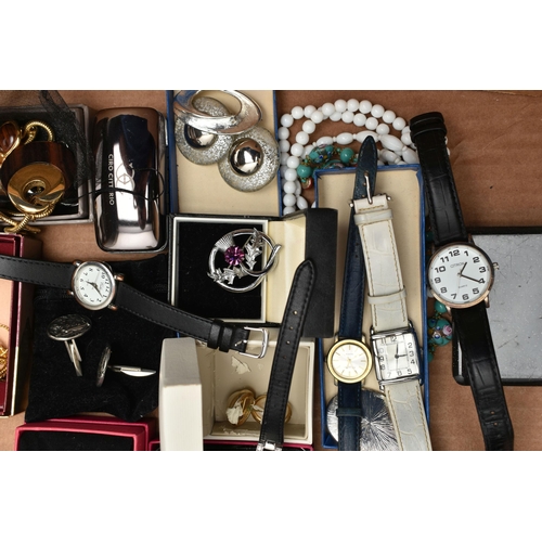 259 - A BOX OF ASSORTED COSTUME JEWELLERY, to include fashion wristwatches, pendant necklaces, chains, ear... 