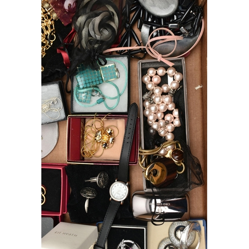 259 - A BOX OF ASSORTED COSTUME JEWELLERY, to include fashion wristwatches, pendant necklaces, chains, ear... 