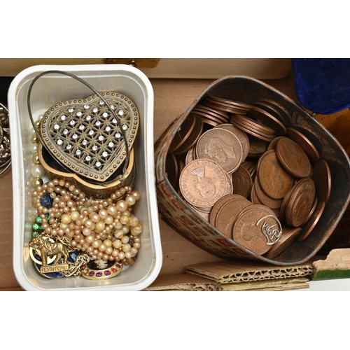 261 - A BOX OF ASSORTED ITEMS, to include a cream jewellery box with costume jewellery such as brooches, e... 