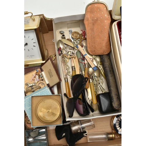 261 - A BOX OF ASSORTED ITEMS, to include a cream jewellery box with costume jewellery such as brooches, e... 