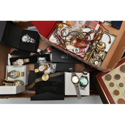 262 - A BOX OF ASSORTED COSTUME JEWELLERY AND WRISTWATCHES, to include copper bangles, a Police whistle, p... 