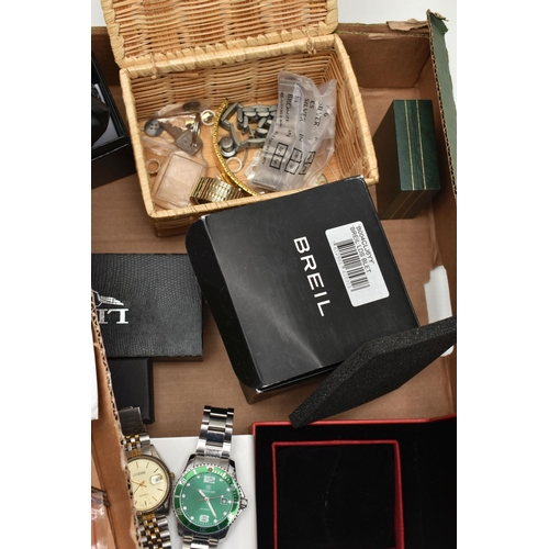 262 - A BOX OF ASSORTED COSTUME JEWELLERY AND WRISTWATCHES, to include copper bangles, a Police whistle, p... 