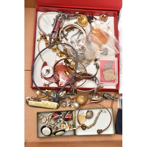 262 - A BOX OF ASSORTED COSTUME JEWELLERY AND WRISTWATCHES, to include copper bangles, a Police whistle, p... 