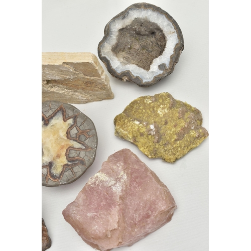 263 - EIGHT MINERAL SPECIMENS, to include quartz, amethyst, agate desert rose selenite, peridot, septarian... 