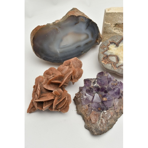 263 - EIGHT MINERAL SPECIMENS, to include quartz, amethyst, agate desert rose selenite, peridot, septarian... 