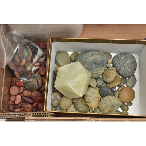 265 - A BOX OF TUMBLE STONES AND JEWELLERY MAKING PIECES, to include two boxes filled with various polishe... 