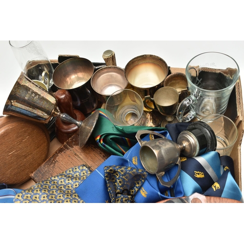 266 - A BOX OF MASONIC REGALIA, to include trophy cups, goblets, glass cups, ties, wooden mallets and plin... 