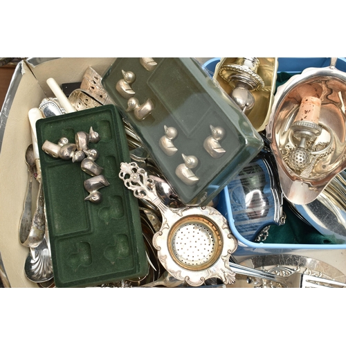 267 - A BOX OF ASSORTED WHITE METAL WARE, to include an EPNS sugar caster, a silver plate candle stick, a ... 