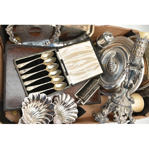 267 - A BOX OF ASSORTED WHITE METAL WARE, to include an EPNS sugar caster, a silver plate candle stick, a ... 