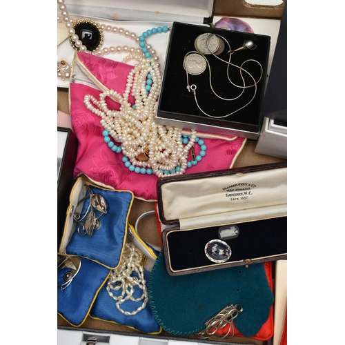 268 - A BOX OF ASSORTED ITEMS, to include a white metal cultured pearl and garnet necklace with matching e... 