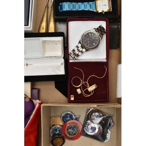 268 - A BOX OF ASSORTED ITEMS, to include a white metal cultured pearl and garnet necklace with matching e... 