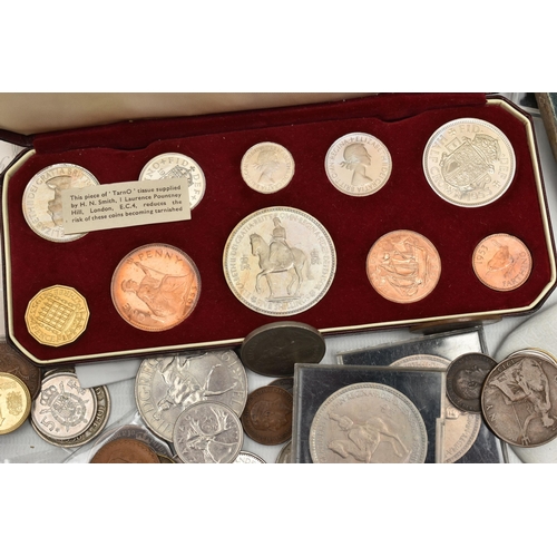 269 - A SMALL BOX OF COINS AND COMMEMORATIVES, to include a 2nd June 1953 proof set of coins, a Victoria 1... 