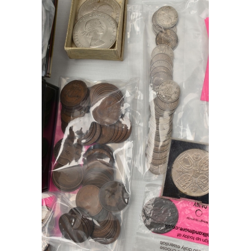 270 - A SMALL CARDBOARD BOX AND CASH BOX OF MIXED COINAGE, to include a William IV four pence coin 1836 a ... 