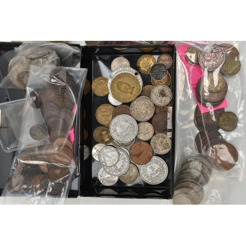 270 - A SMALL CARDBOARD BOX AND CASH BOX OF MIXED COINAGE, to include a William IV four pence coin 1836 a ... 