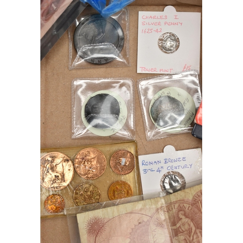 272 - A CARDBOARD BOX CONTAINING A COIN ALBUM AND A SMALL AMOUNT OF BANKNOTES, to include a coin album of ... 