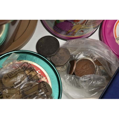 274 - A CARDBOARD BOX CONTAINING 3 TINS AND A PLASTIC BOX OF MAINLY 20TH CENTURY UK COINS, to Include 168 ... 