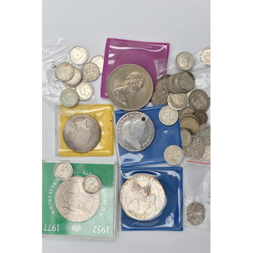 276 - A SMALL PACKET OF MIXED COINAGE, to include approximately 70 grams of silver 3d coins, plus a worn 1... 