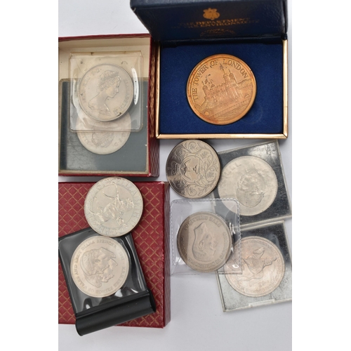 277 - TWO SMALL BOXES OF COINS AND COMMEMORATIVES, with a 1951 Festival Crown coin