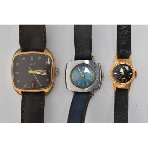 280 - THREE 'ORIS' WRISTWATCHES, all hand wound movements, each dial signed 'Oris', case backs signed 'Ori... 