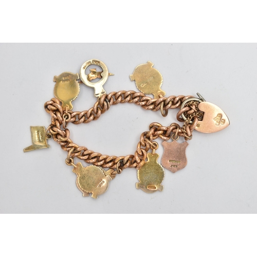 281 - A 9CT GOLD RAF RELATED CHARM BRACELET, 9ct gold curb link bracelet, each link stamped 9.375, fitted ... 