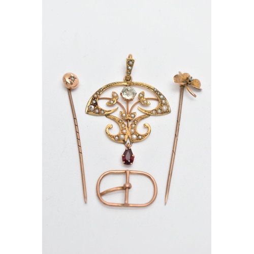 282 - FOUR PIECES OF JEWELLERY, to include a yellow metal openwork lavalier pendant set with split pearls,... 