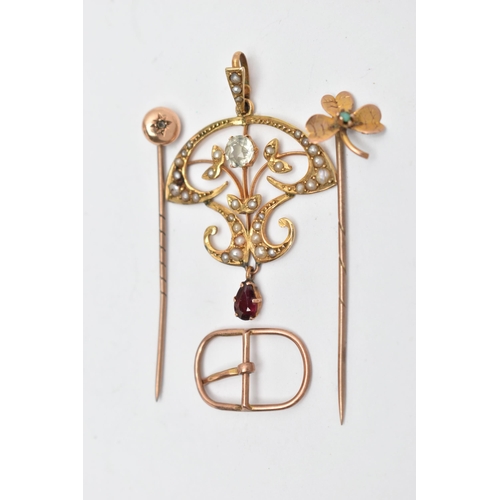 282 - FOUR PIECES OF JEWELLERY, to include a yellow metal openwork lavalier pendant set with split pearls,... 