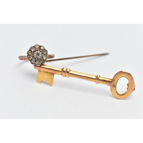 283 - A 9CT GOLD BROOCH AND A CLUSTER RING, the brooch in the form of a key, hallmarked 9ct Chester 1947, ... 