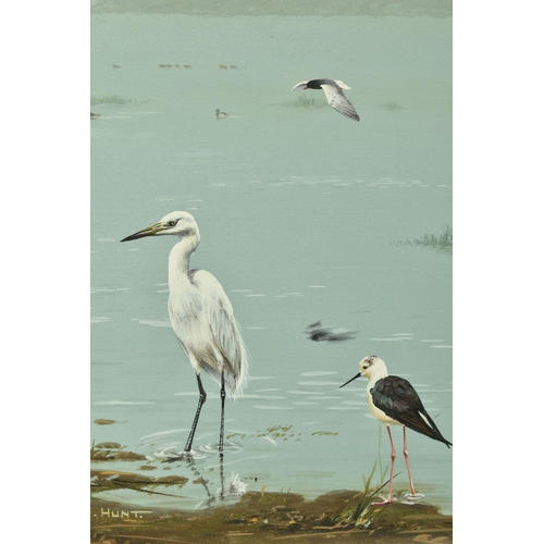 302 - ALAN M. HUNT (BRITISH 1947) WADING BIRDS, a Great White Heron and a Black Winged Stilt at the water'... 