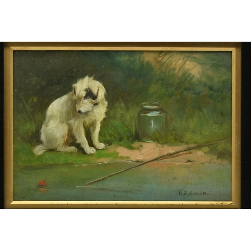 303 - CUTHBERT EDMUND SWAN (1870-1931) WATCHING AND WAITING, a terrier dog sits watching a fishing float, ... 