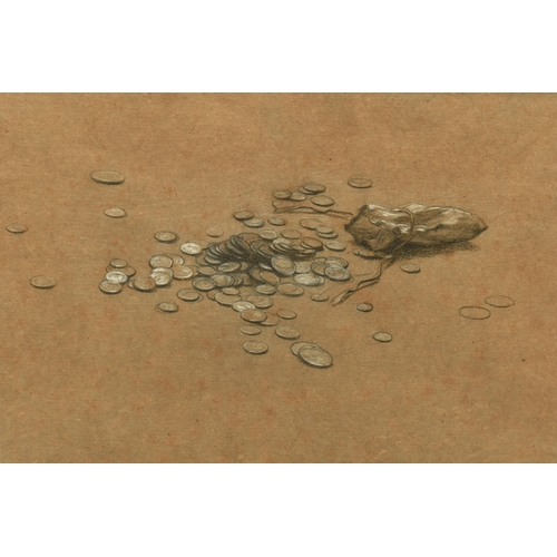 311 - SIR EDWARD JOHN POYNTER (1836-1919) A STUDY OF SCATTERED COINS AND MONEY BAG, initialled in pencil, ... 