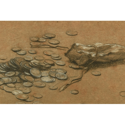 311 - SIR EDWARD JOHN POYNTER (1836-1919) A STUDY OF SCATTERED COINS AND MONEY BAG, initialled in pencil, ... 