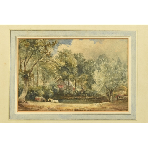 320 - CIRCLE OF THOMAS CHURCHYARD (1798-1865) A WOODLAND LANDSCAPE, two horses beside a stream with buildi... 