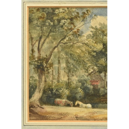 320 - CIRCLE OF THOMAS CHURCHYARD (1798-1865) A WOODLAND LANDSCAPE, two horses beside a stream with buildi... 