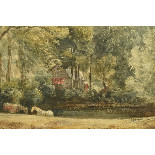 320 - CIRCLE OF THOMAS CHURCHYARD (1798-1865) A WOODLAND LANDSCAPE, two horses beside a stream with buildi... 