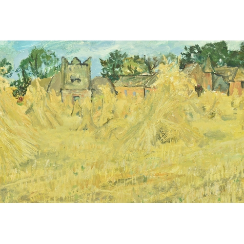 330 - ATTRIBUTED TO  FRANCIS WALKER (1930-) 'CORNSTALKS', a landscape depicting harvested corn with villag... 