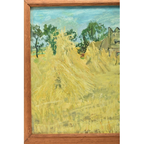 330 - ATTRIBUTED TO  FRANCIS WALKER (1930-) 'CORNSTALKS', a landscape depicting harvested corn with villag... 