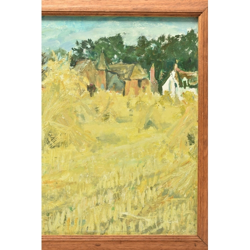 330 - ATTRIBUTED TO  FRANCIS WALKER (1930-) 'CORNSTALKS', a landscape depicting harvested corn with villag... 