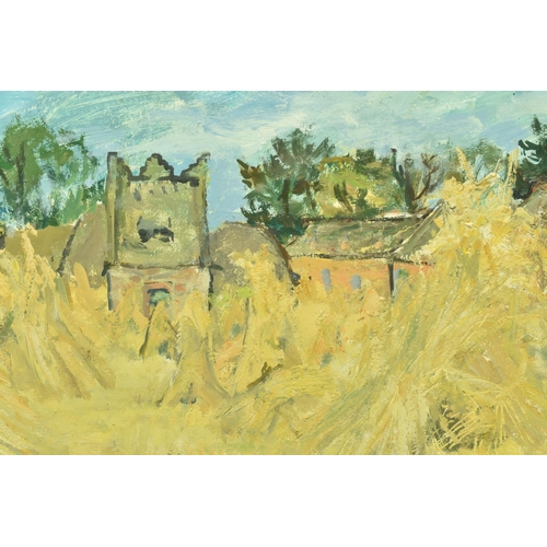 330 - ATTRIBUTED TO  FRANCIS WALKER (1930-) 'CORNSTALKS', a landscape depicting harvested corn with villag... 