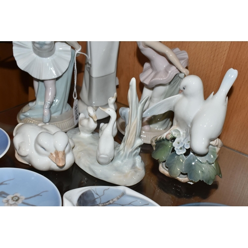 359 - A GROUP OF CERAMICS, comprising two Nao figures of ballerinas, a Nao figure group of three ducks, Ro... 