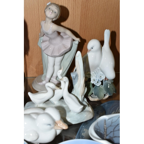 359 - A GROUP OF CERAMICS, comprising two Nao figures of ballerinas, a Nao figure group of three ducks, Ro... 