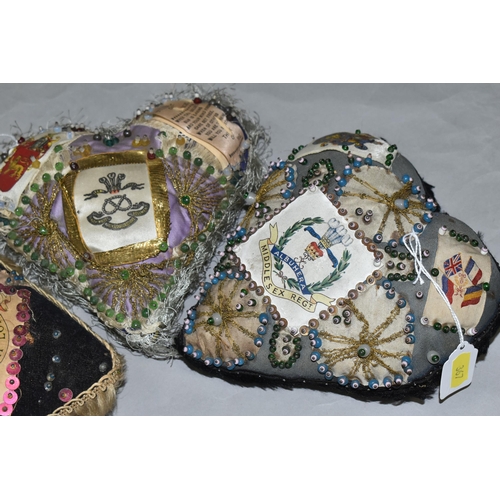 367 - THREE SWEETHEART PIN CUSHIONS, one bearing a 'Prince of Wales North Staffordshire Regiment' panel, w... 