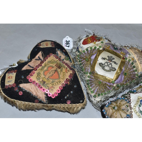 367 - THREE SWEETHEART PIN CUSHIONS, one bearing a 'Prince of Wales North Staffordshire Regiment' panel, w... 