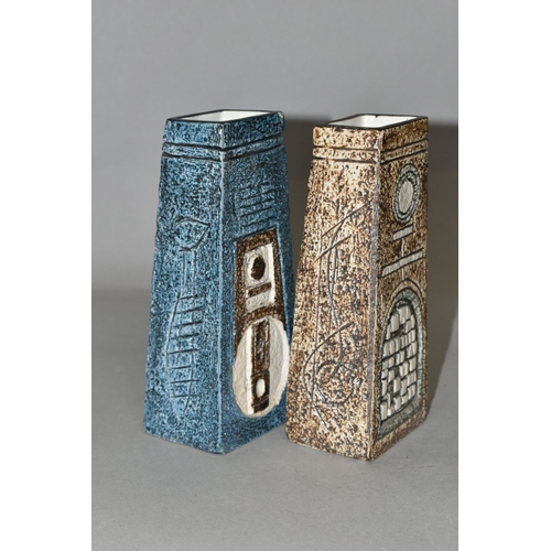 374 - TWO TROIKA POTTERY COFFIN VASES, in shades of blue, grey and brown, with impressed and incised decor... 